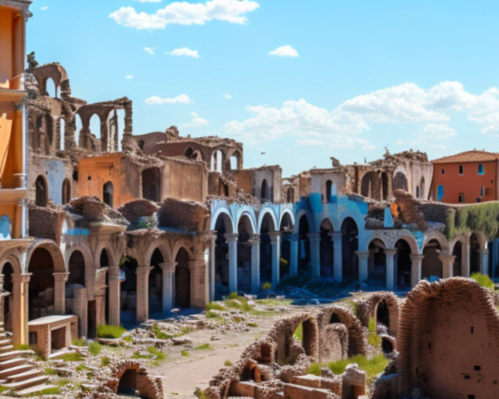 Ancient Roman ruins and colorful buildings under a blue sky