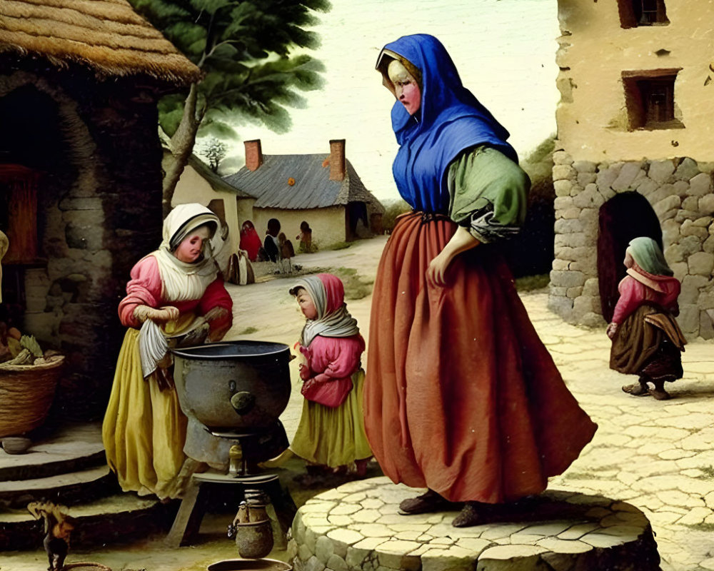 Traditional village scene: women cooking and chatting in rustic setting.