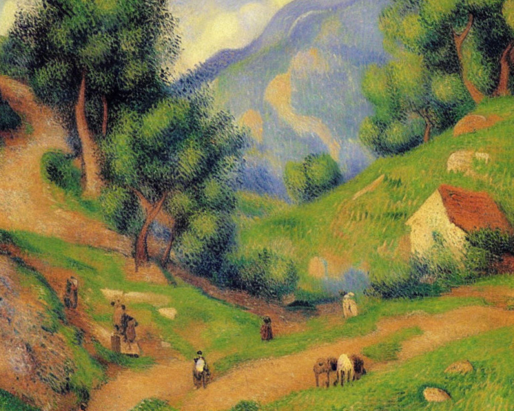 Lush Impressionist Landscape with People, House, and Sheep