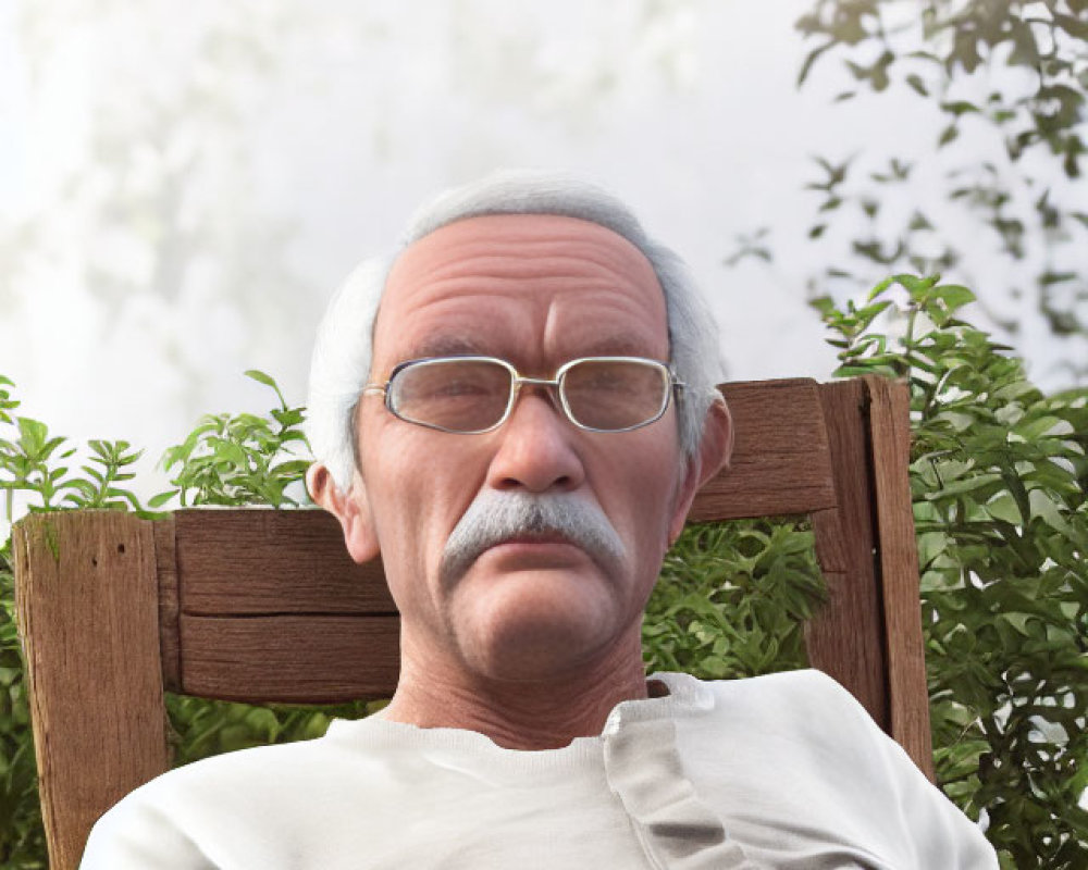 Elderly man in glasses sitting on outdoor wooden bench surrounded by foliage