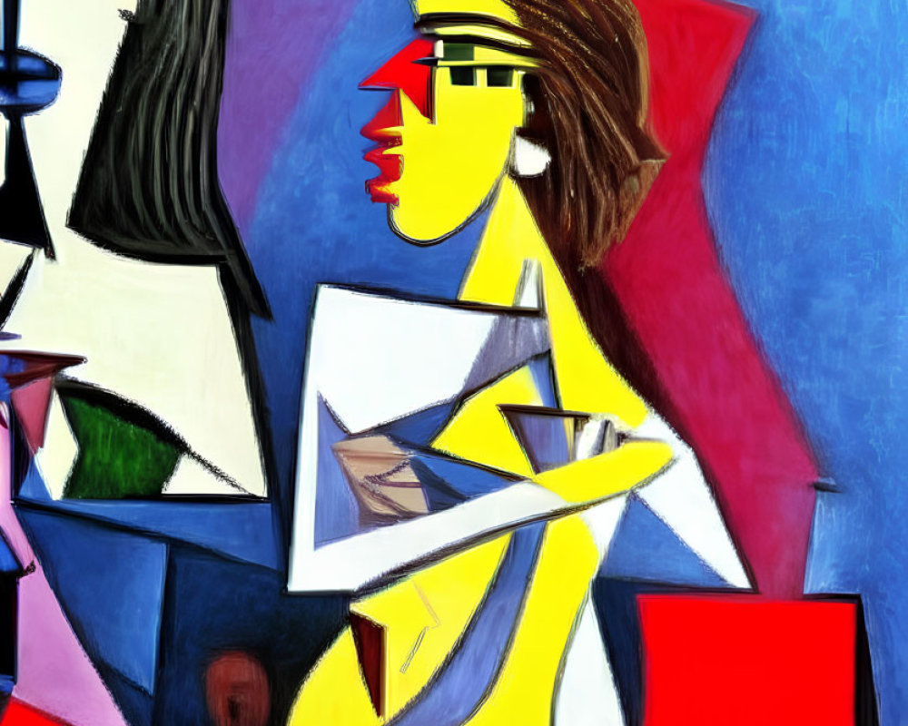 Geometric Cubist painting with vibrant colors and stylized figures