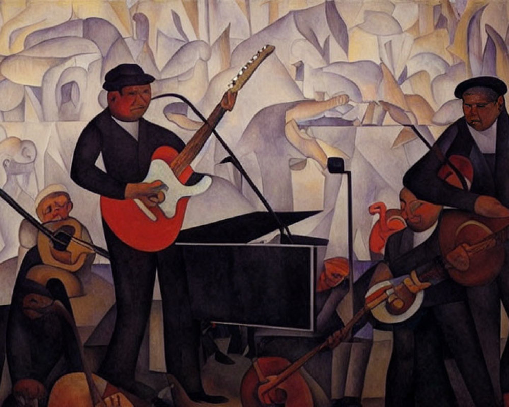 Cubist-style painting featuring a band playing various instruments amid abstract shapes