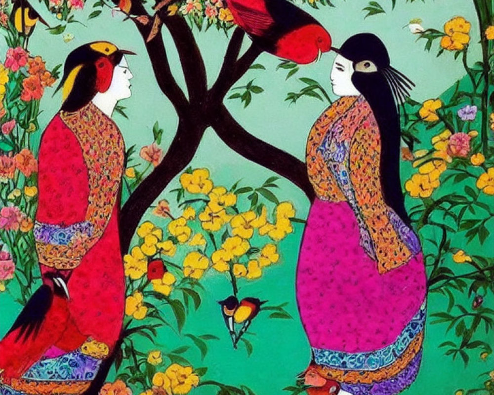 Colorful Traditional Attire Women in Vibrant Garden with Birds