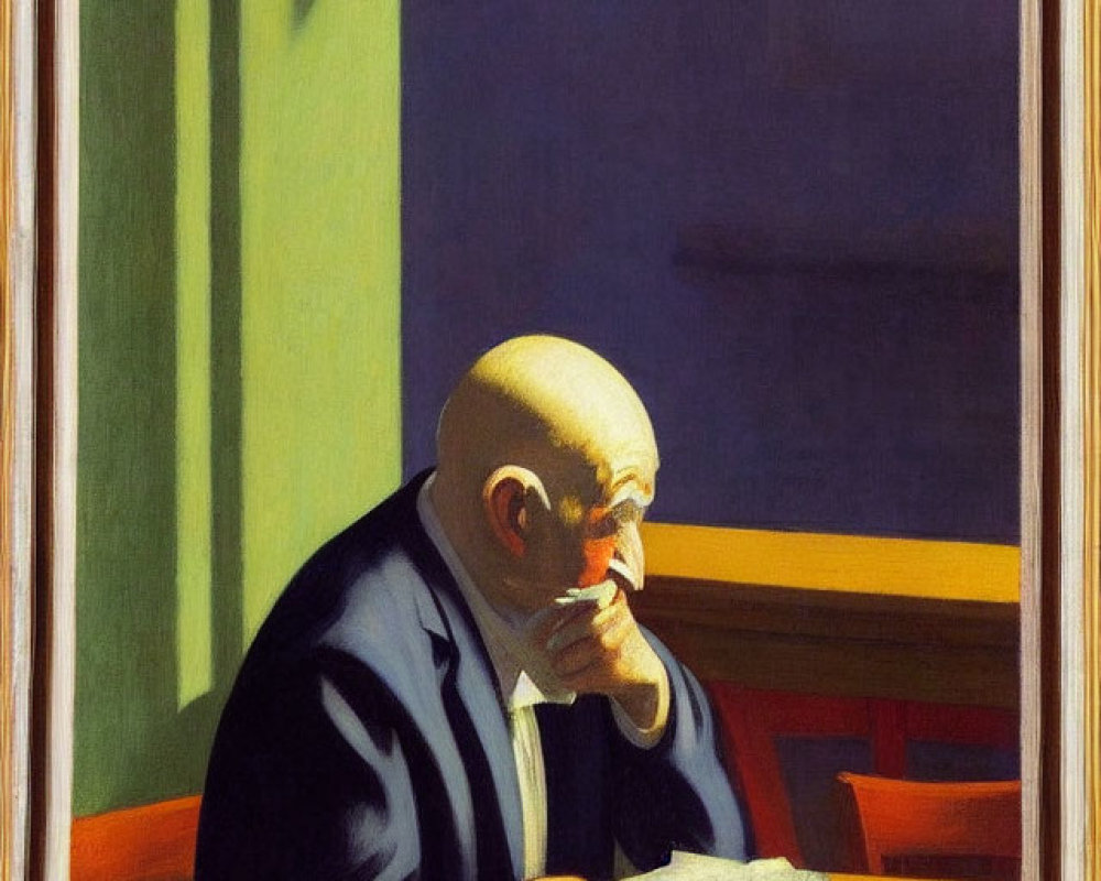 Bald man in suit reading document at wooden table by green-shaded window