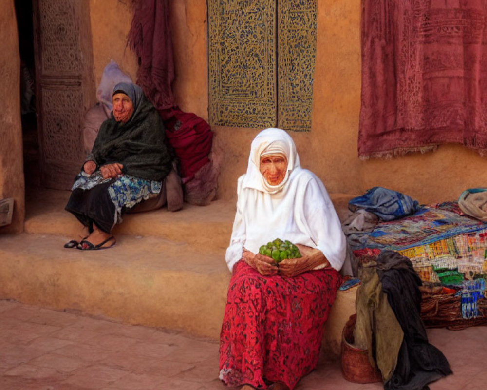 Two Women Seated by Wall with Bowl of Limes and Tapestry Background