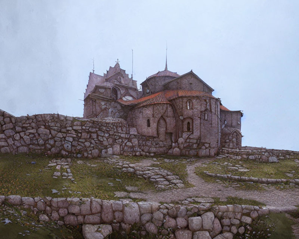 Stone fortress with spires and arched windows on hilltop under overcast sky