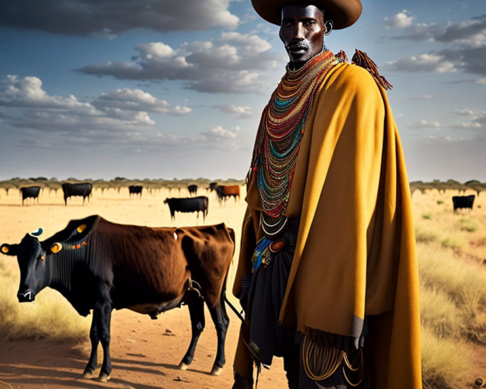 Traditional Attire Man with Cattle in Field and Wide-brimmed Hat