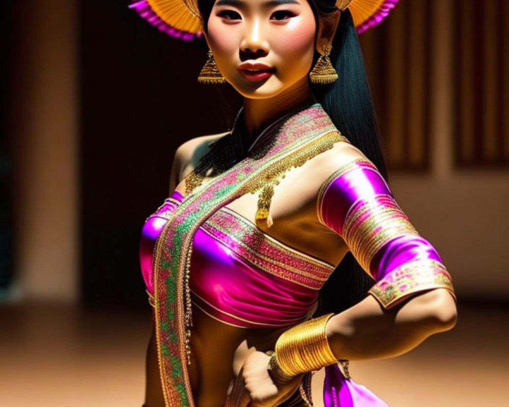 Traditional Thai costume with golden adornments and headdress on woman