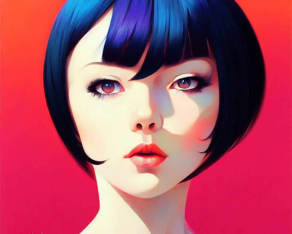 Stylized digital portrait of female character with blue-black hair