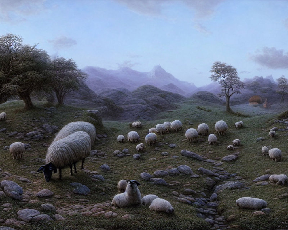 Rural landscape with grazing sheep under twilight sky