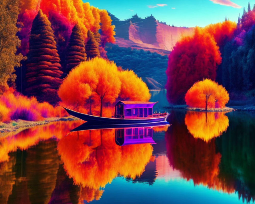 Vibrant autumn landscape with orange and blue foliage by calm lake