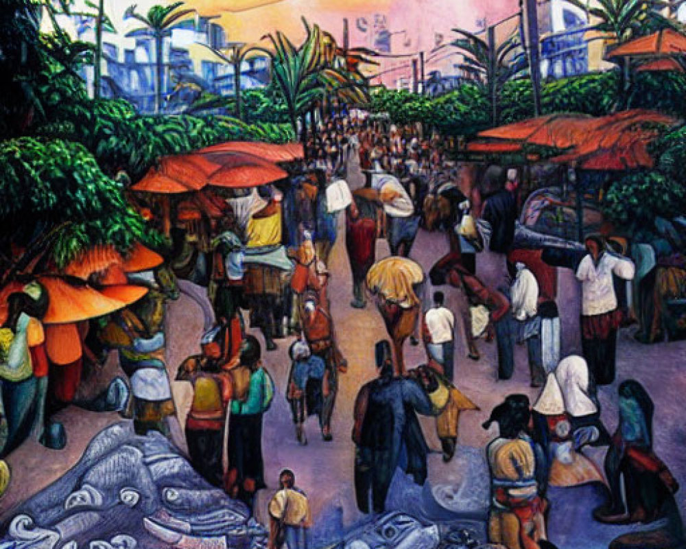 Colorful street market scene with people, baskets, and sunset sky.