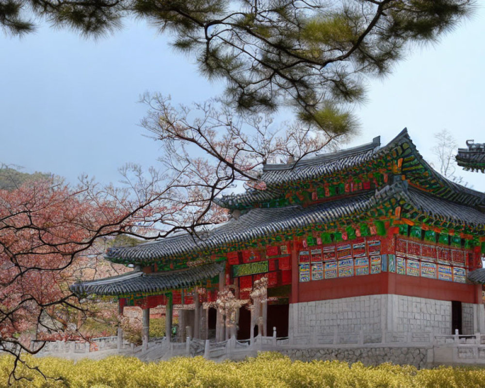 Ornate Asian temple surrounded by pine trees and cherry blossoms