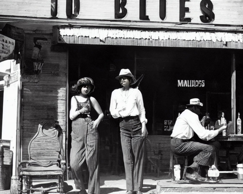 Vintage scene outside rustic "IO BLUES" bar with two individuals and seated person.