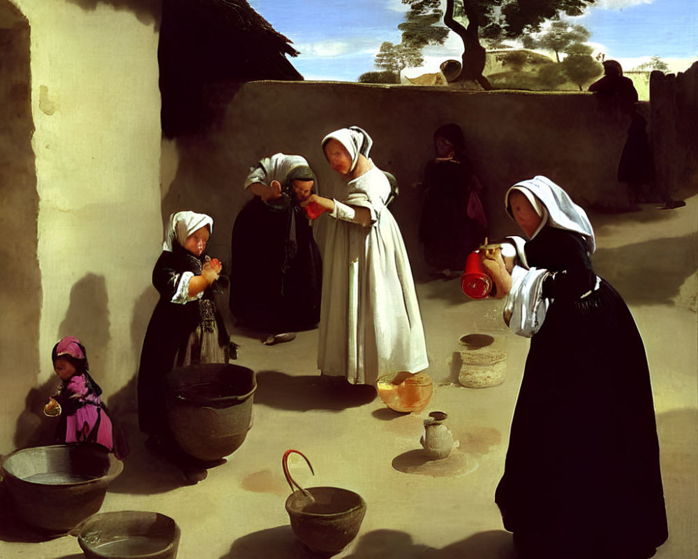 17th-Century Painting: Women in Traditional Dress Performing Tasks with Pottery in Courtyard