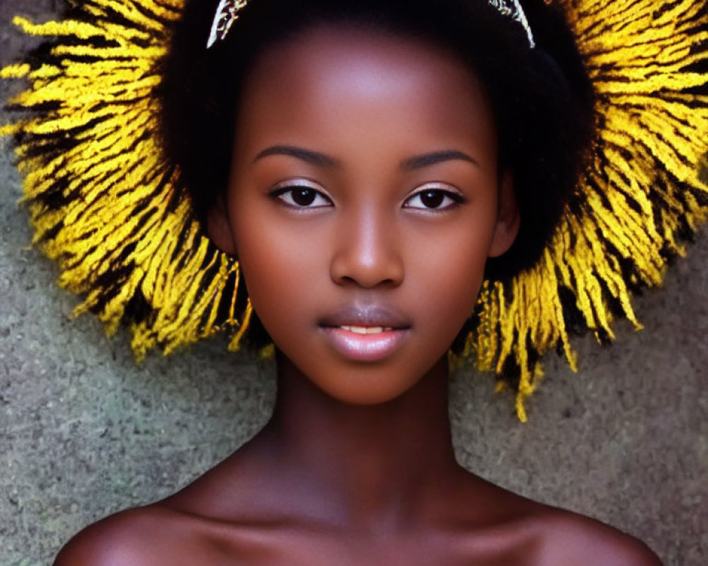 Striking woman in yellow headpiece against muted background