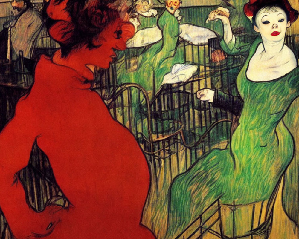 Colorful painting of two women in red and green with café background.