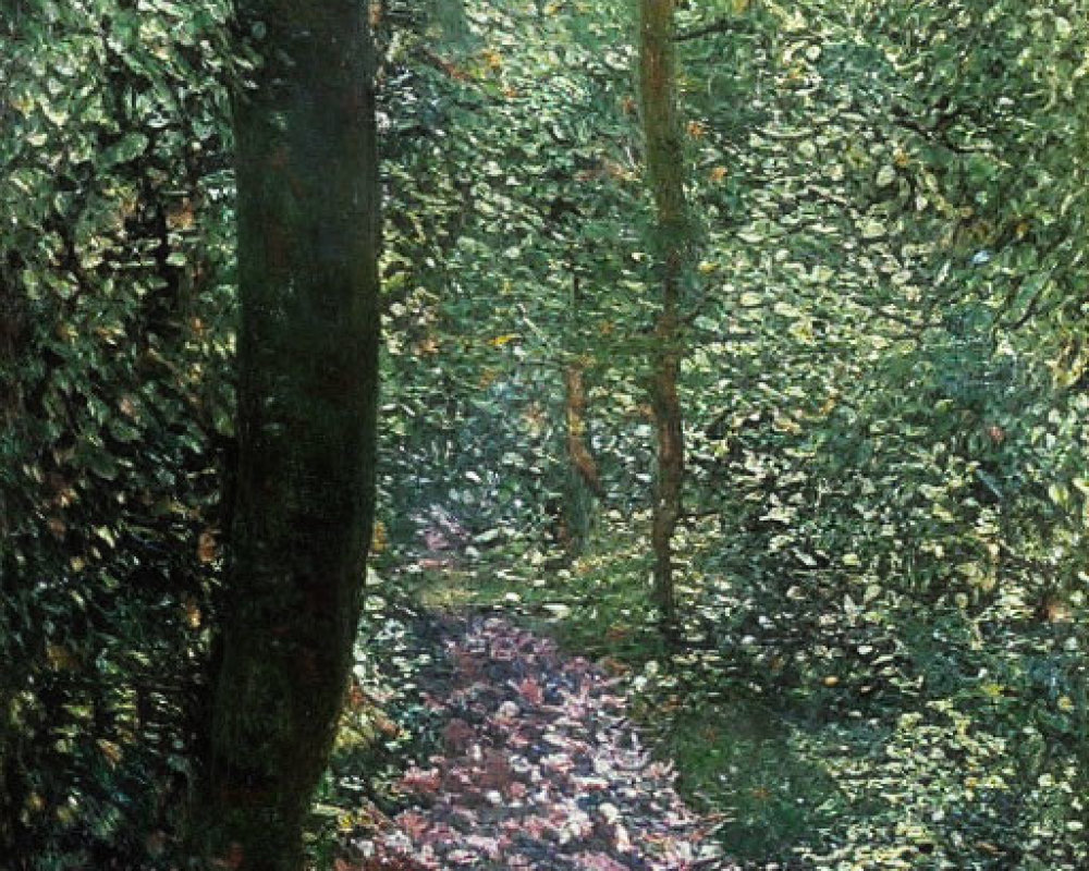 Sunlit Forest Path Painting with Impressionistic Style