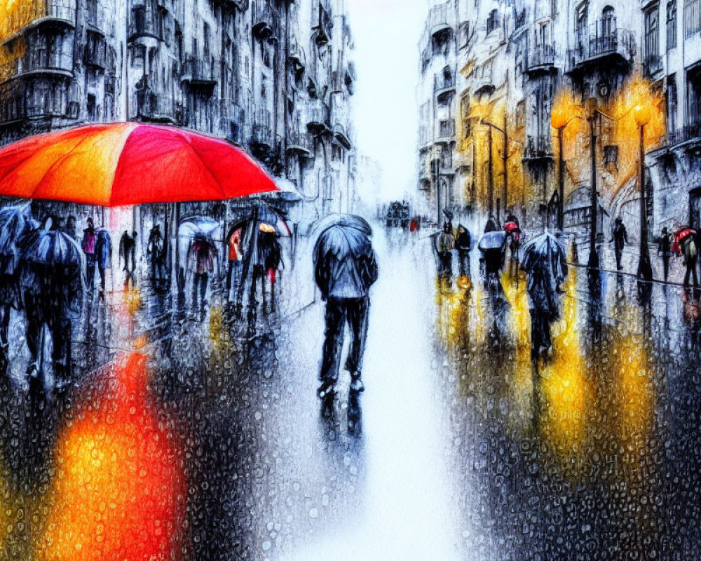 Pedestrians with umbrellas on rain-soaked city street, featuring reflections and a red umbrella.