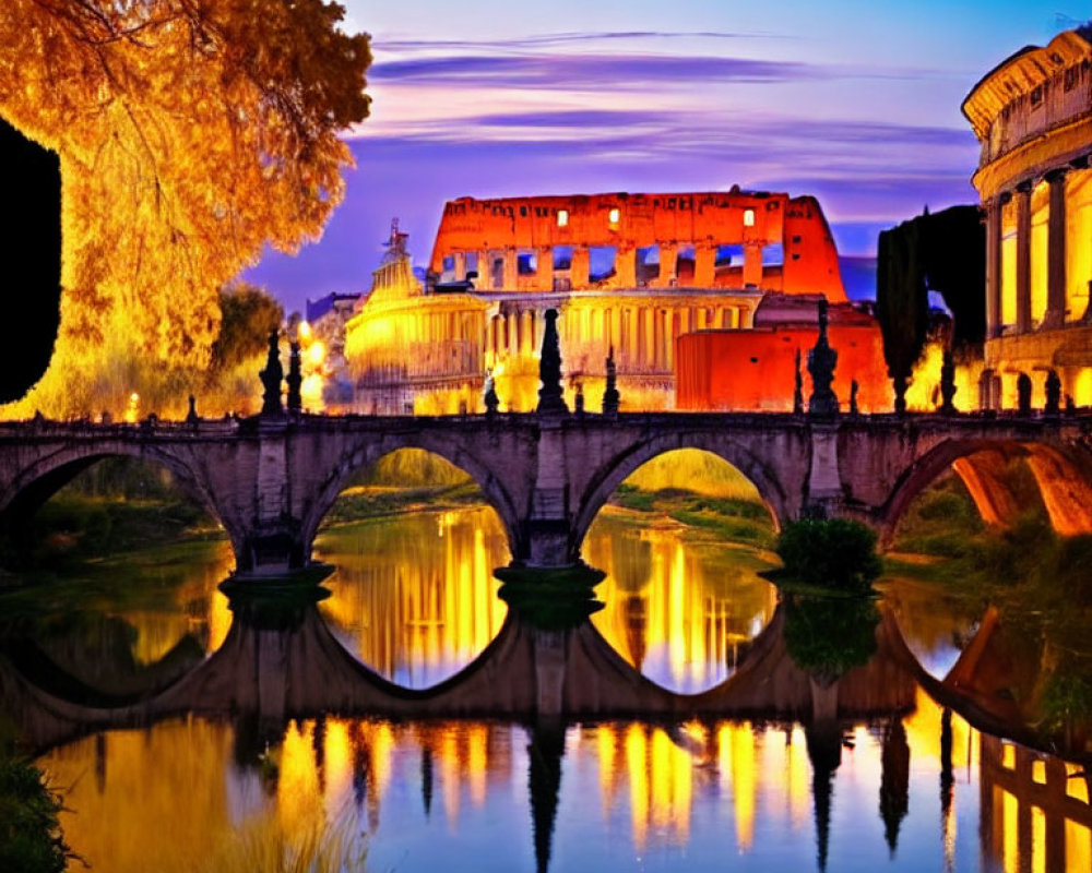 Illuminated Colosseum and Ponte Sant'Angelo at Twilight