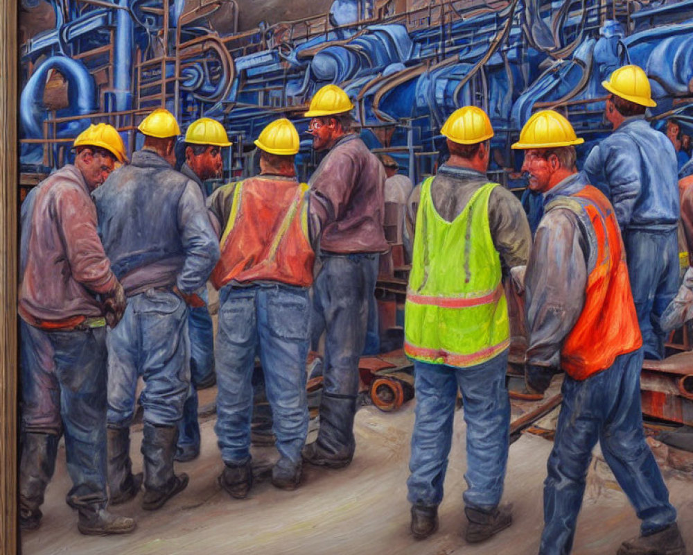 Workers in hard hats at industrial site with blue piping