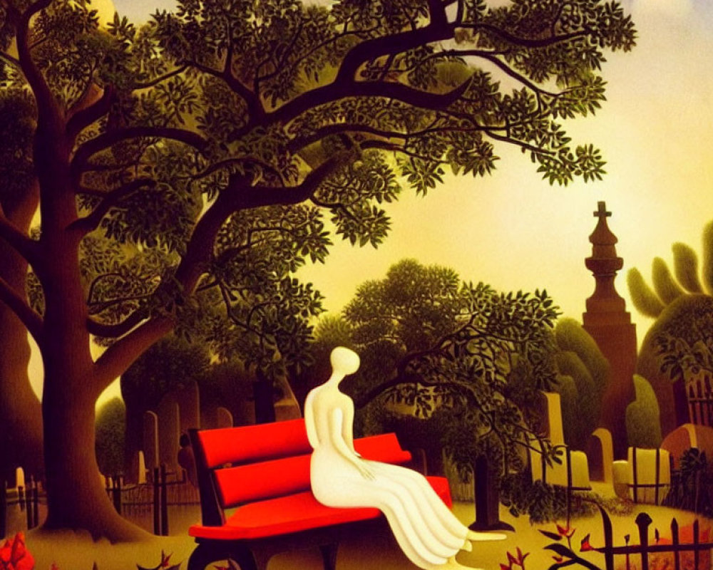 Stylized artwork of person in white dress on red bench in serene garden setting