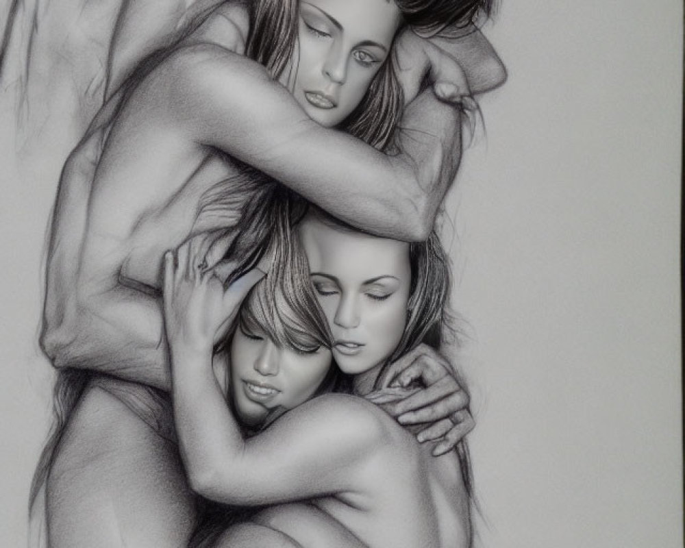 Detailed pencil drawing of three intertwined figures with muscular anatomy, evoking unity and emotion.