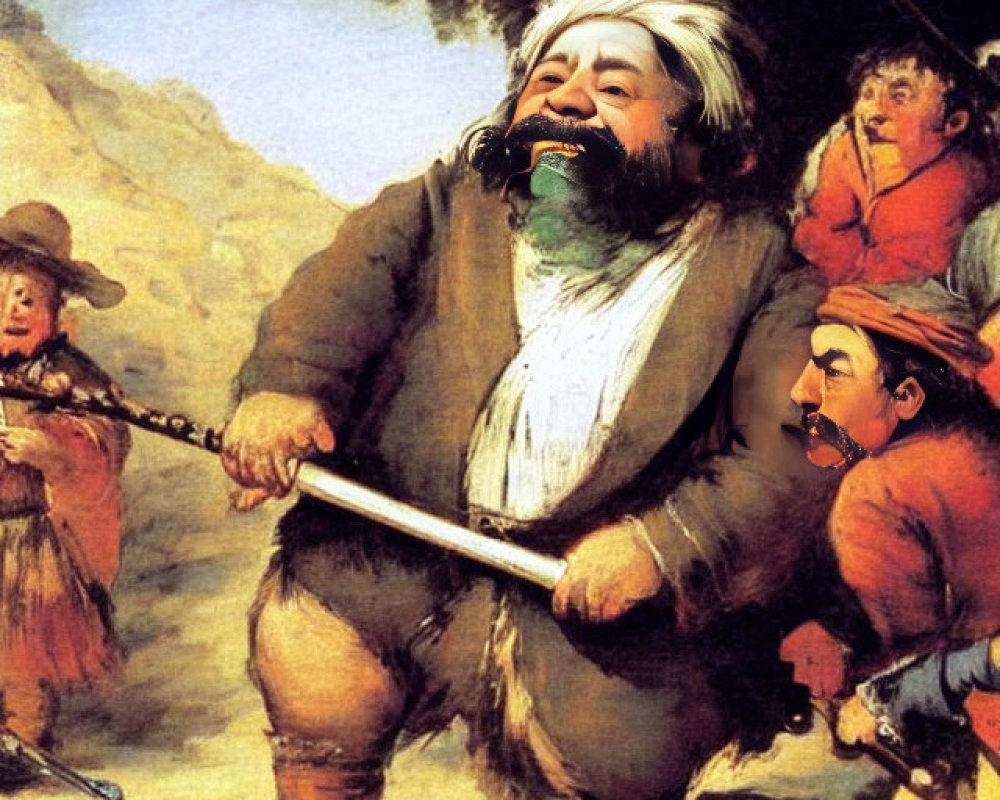 Historical-themed artwork featuring bearded man playing flute with child and observer