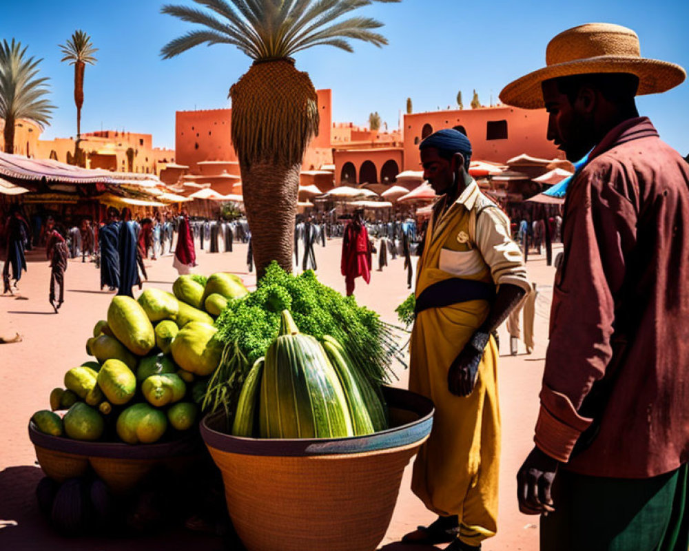 Vibrant market scene with two men and green melons under sunlight