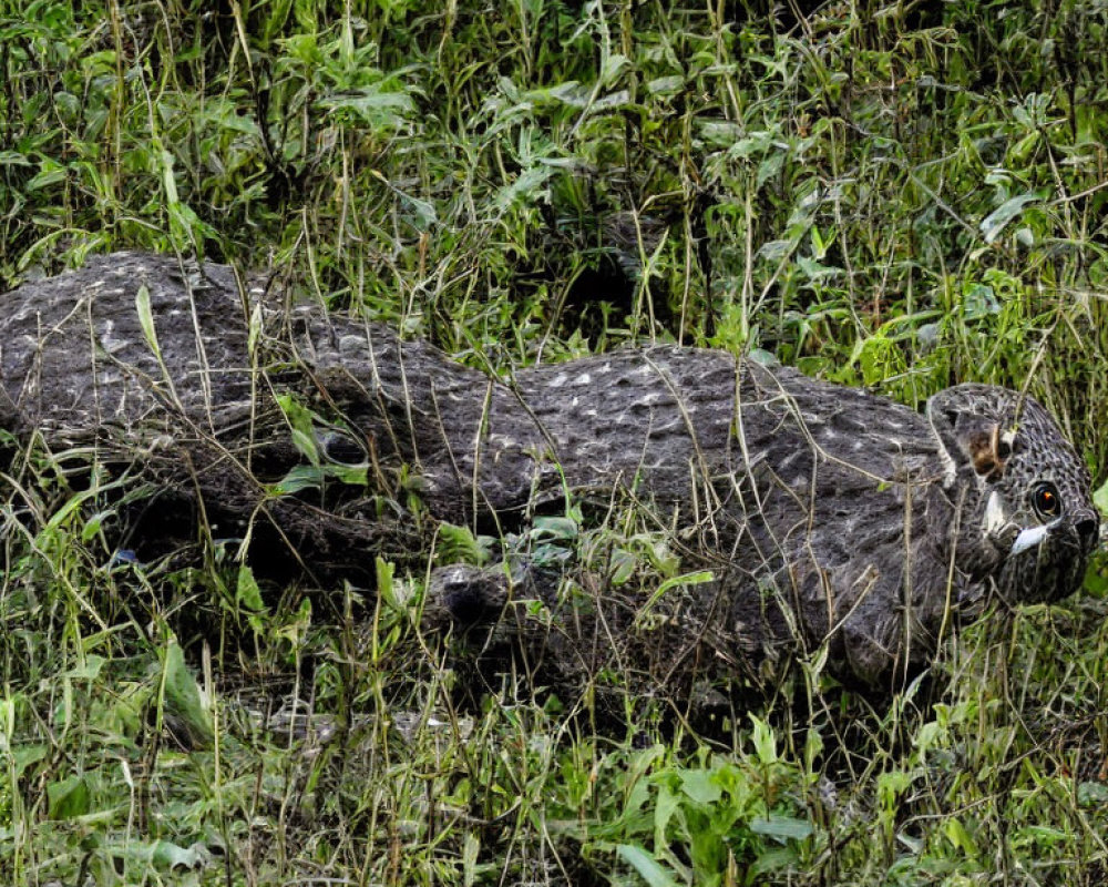 Wooden log disguised as leopard in lush green foliage