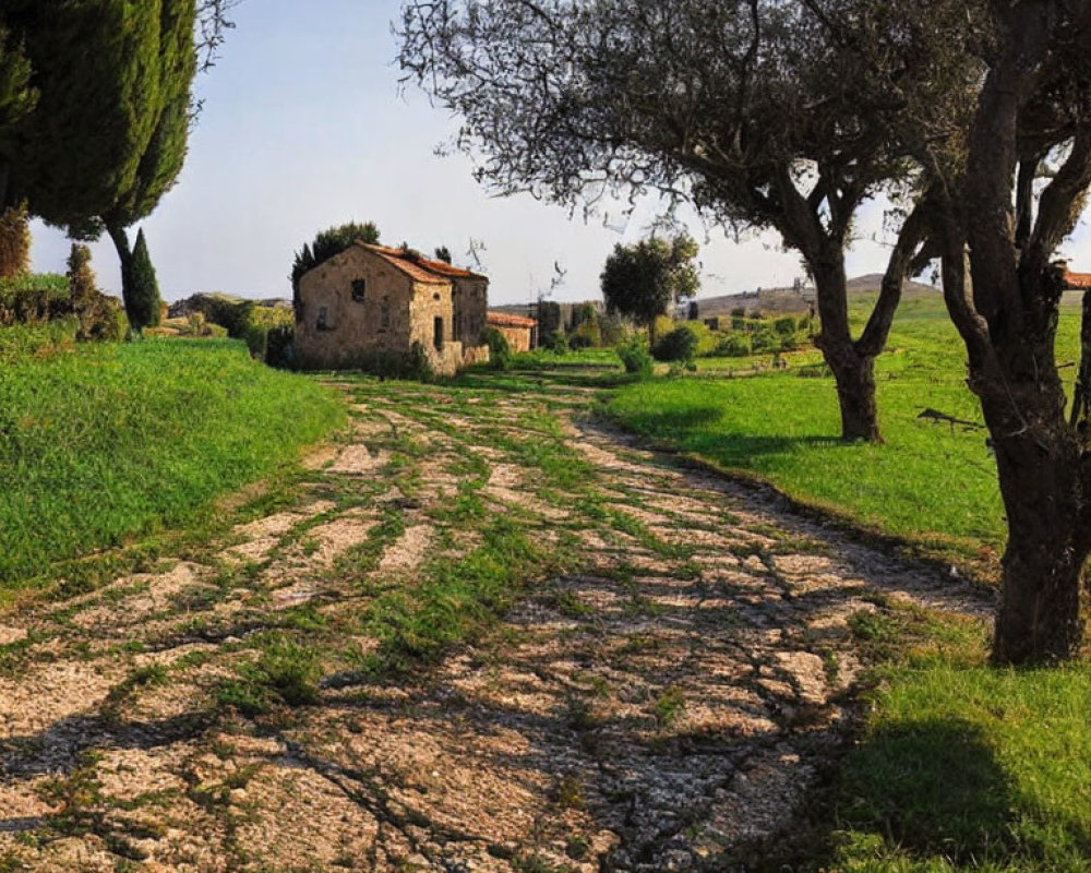 Rustic stone house with cobblestone path, olive trees, and clear sky