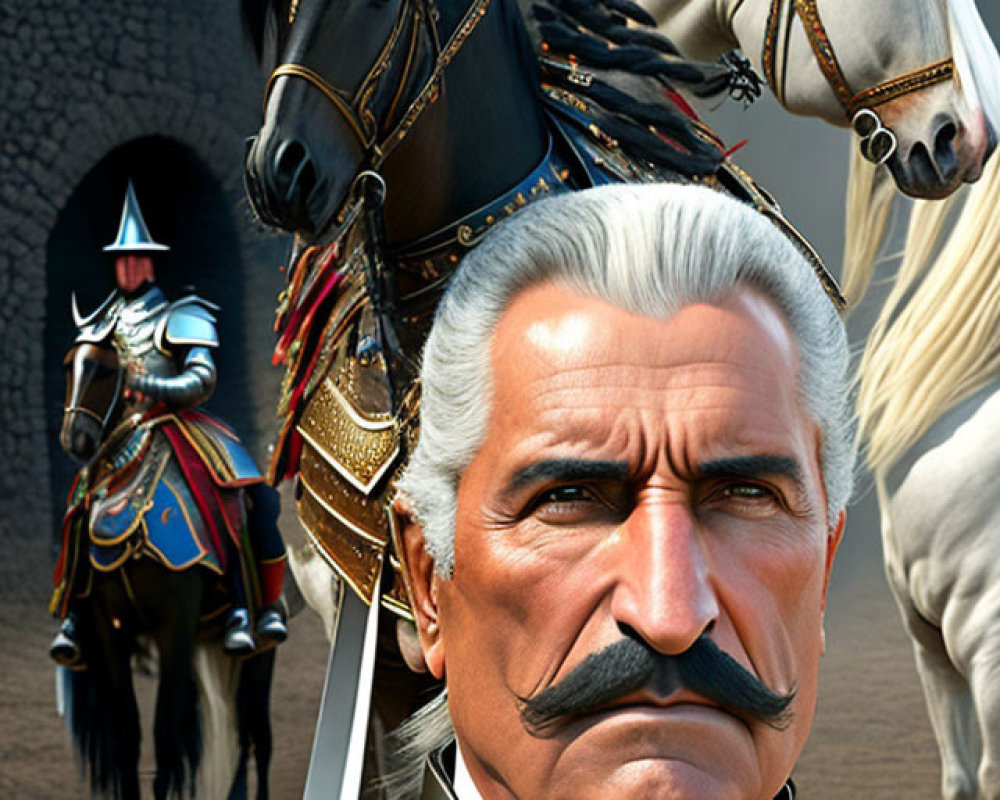 Digital artwork of senior military officer in blue armor with white hair and mustache