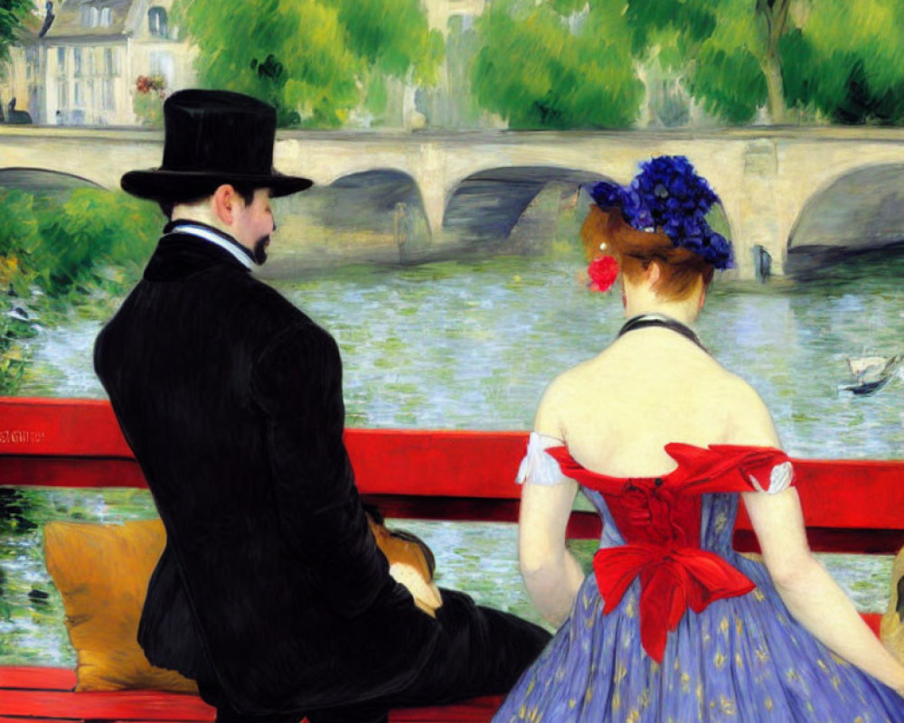 Man and woman in formal attire on red bench by river with swans and bridge