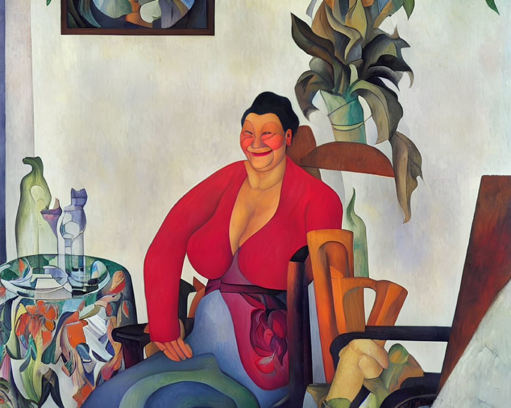 Colorful painting of smiling woman with red blouse and table with plant and wine glasses