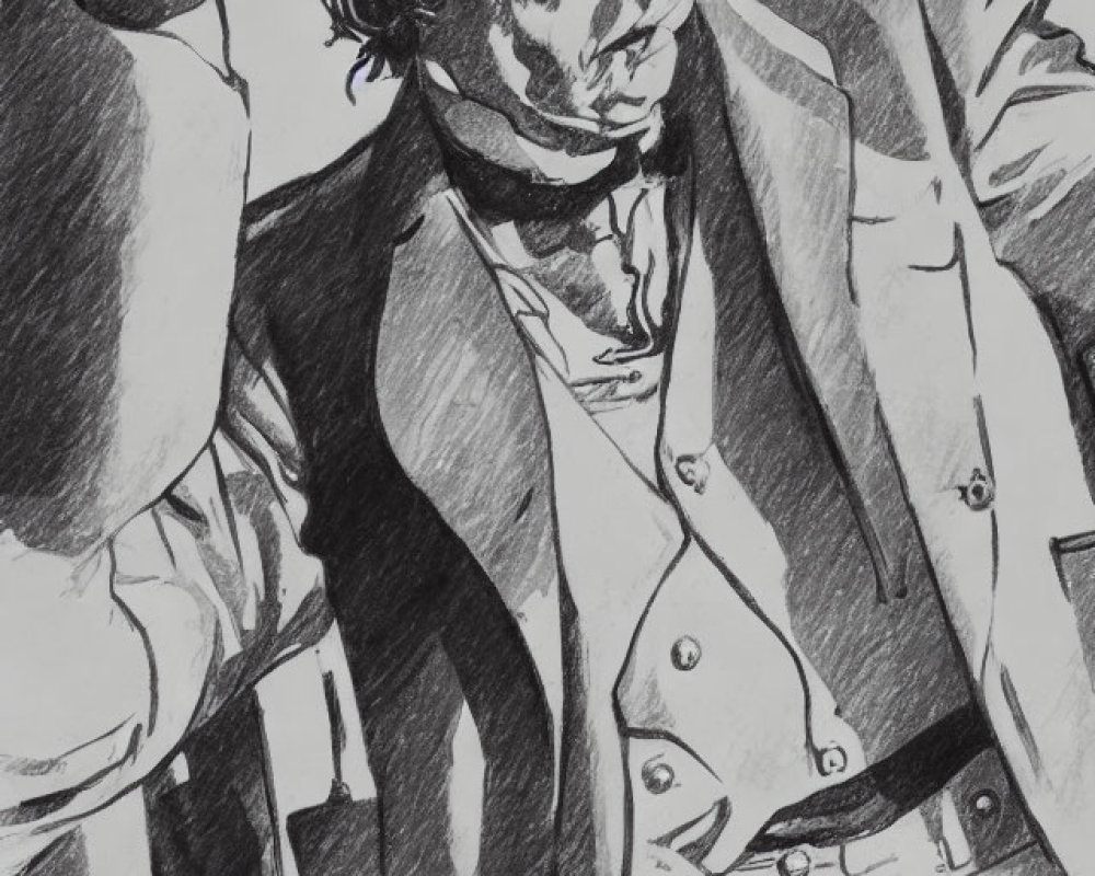 Monochrome sketch of man in bandana, suit, vest, with raised cane