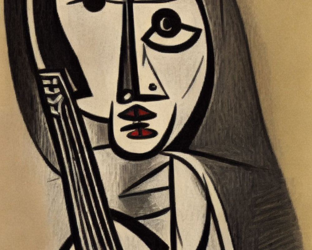 Abstract Cubist Painting of Figure with Guitar in Monochromatic Palette