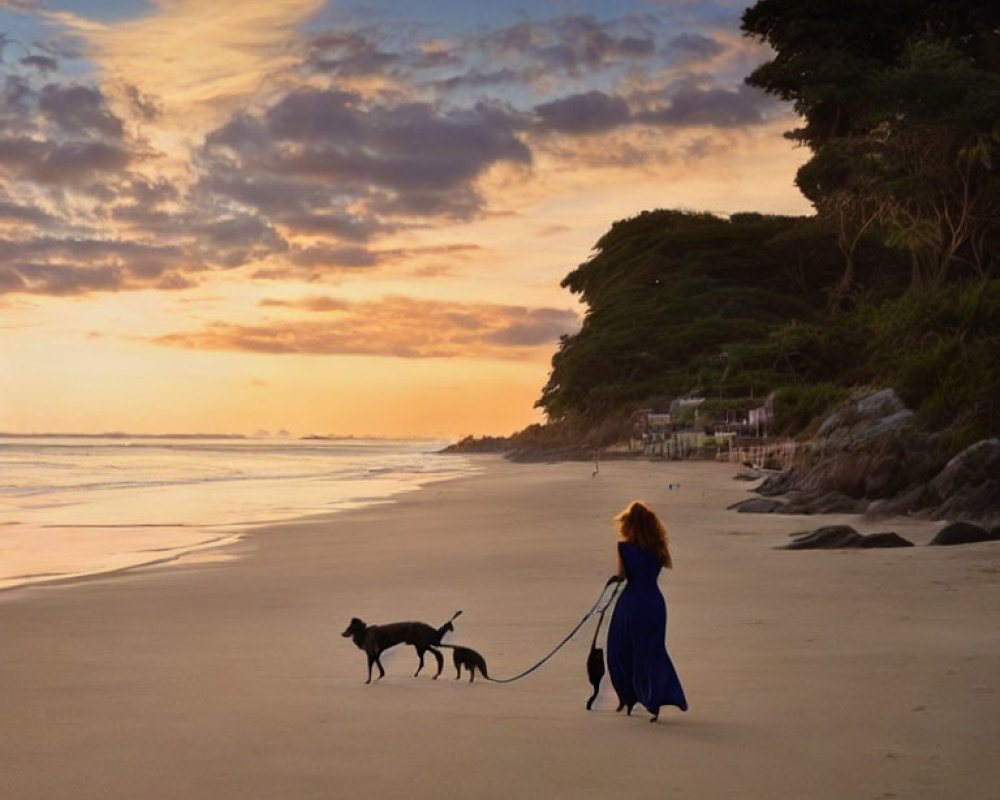 Woman in blue dress walking dogs on beach at sunset