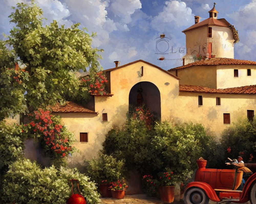 Vintage car in front of rustic houses and lush greenery under clear blue sky