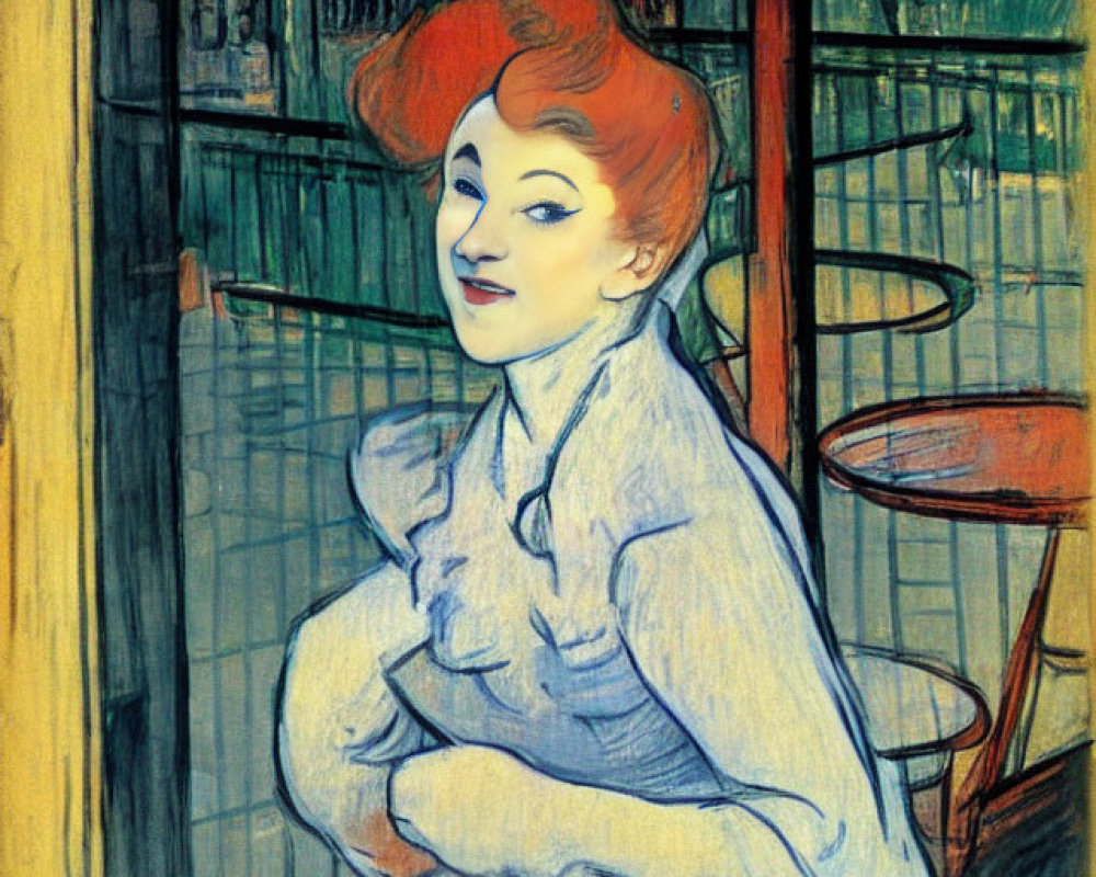 Red-haired woman sitting under red awning in post-impressionistic style