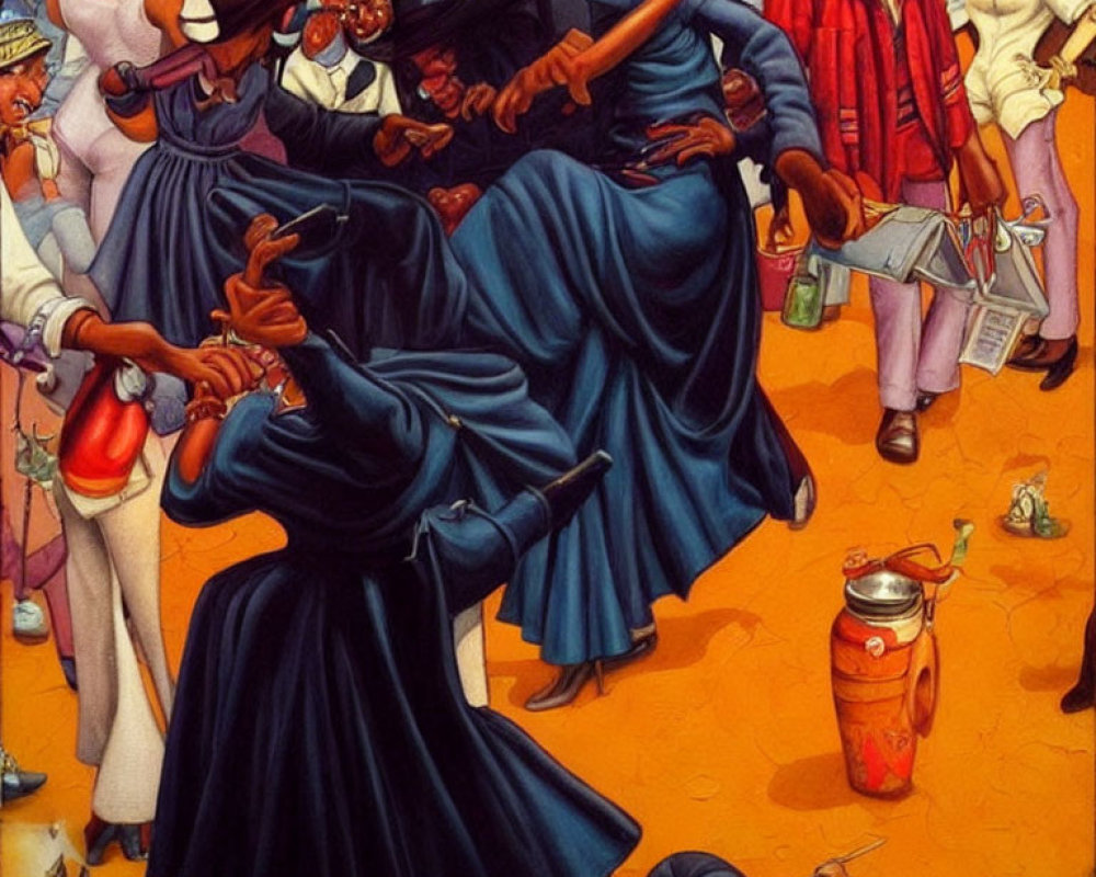 Colorful painting of people dancing to jazz band in elegant attire.