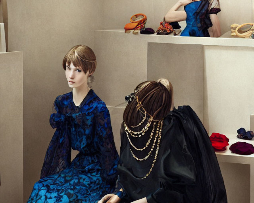 Three elegantly dressed women surrounded by colorful fashion accessories in a room with beige walls.