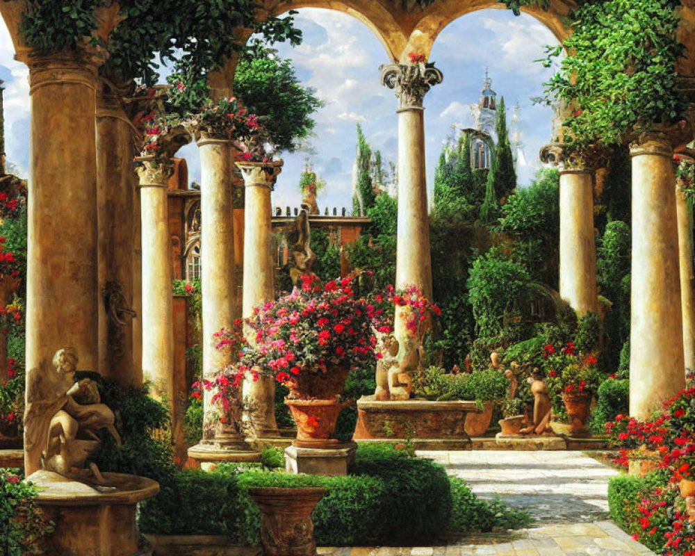 Luxurious garden with stone columns, vibrant flowers, statues, and ornate tower.