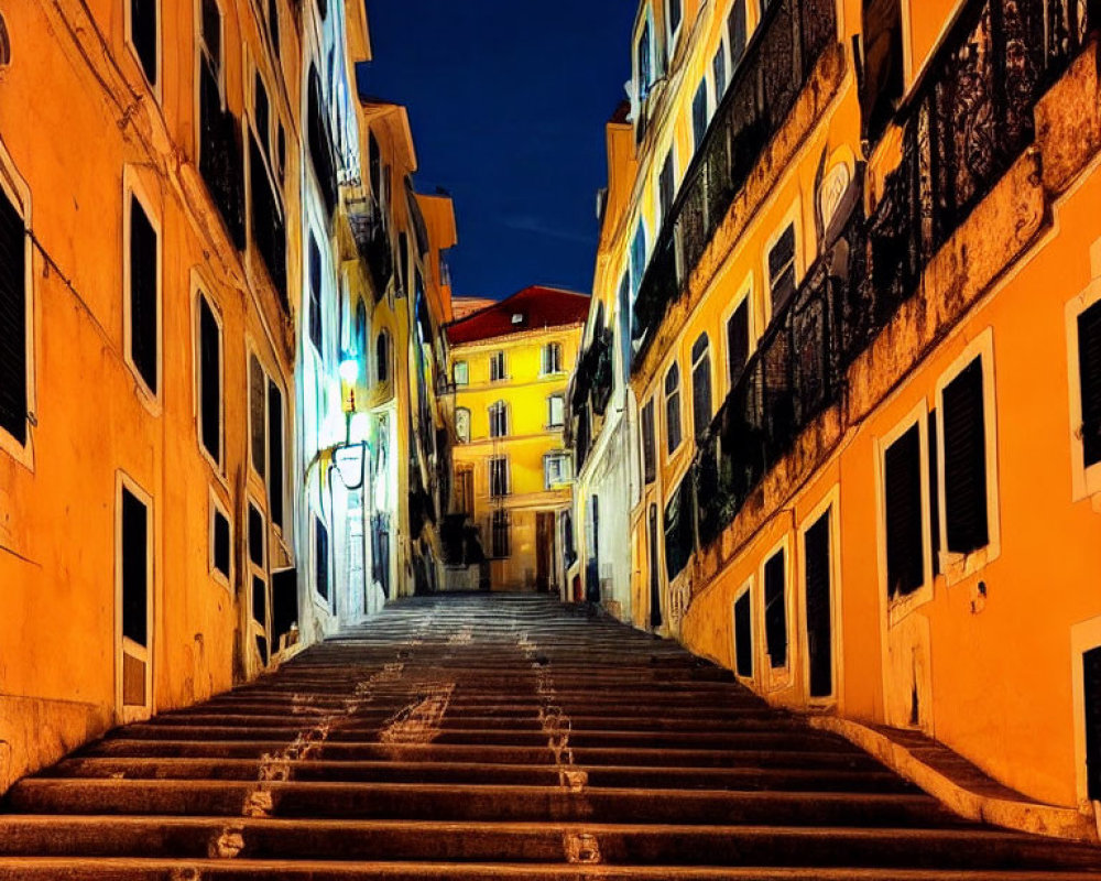 Stone Stairway Between Yellow Buildings at Night