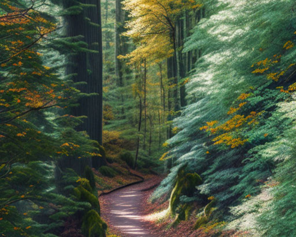 Scenic forest path with fallen leaves under dappled sunlight