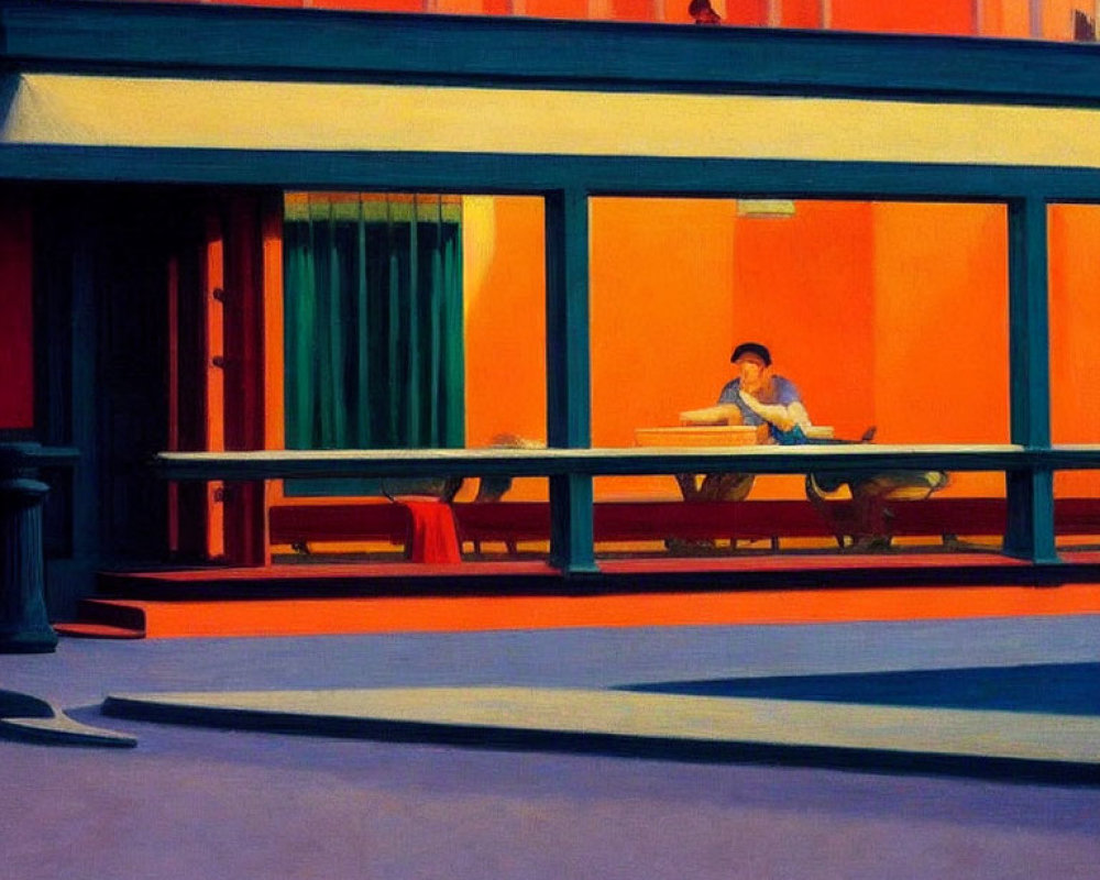 Colorful painting of person at cafe table by large windows in orange and blue hues