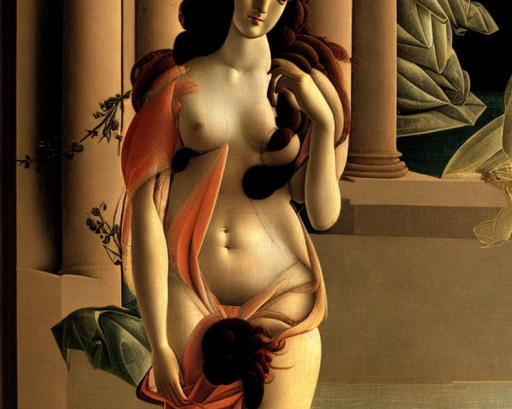 Portrait of a Woman with Black Hair and Orange Cloth Holding Green Leaves