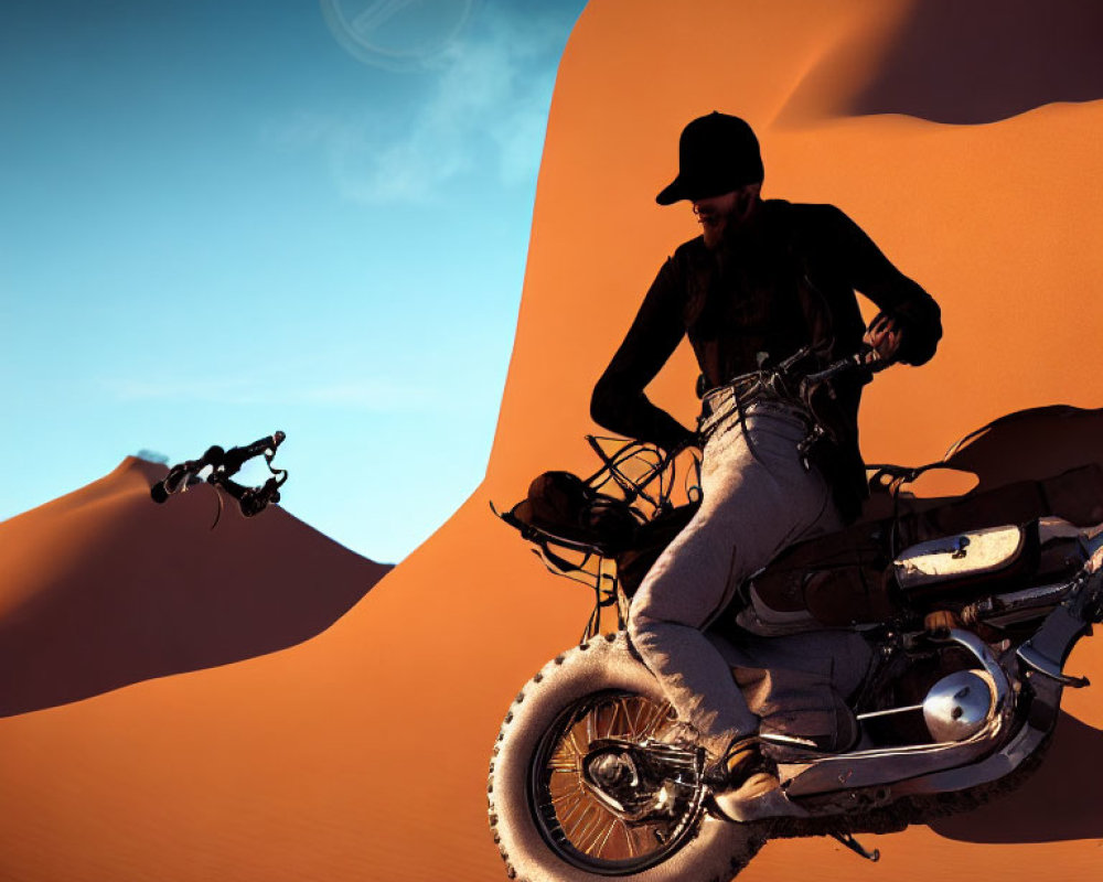 Person riding vintage motorcycle on sand dunes under clear sky with planetary ring.