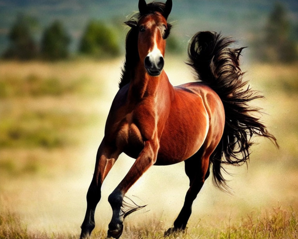 Majestic brown horse galloping in grassy field