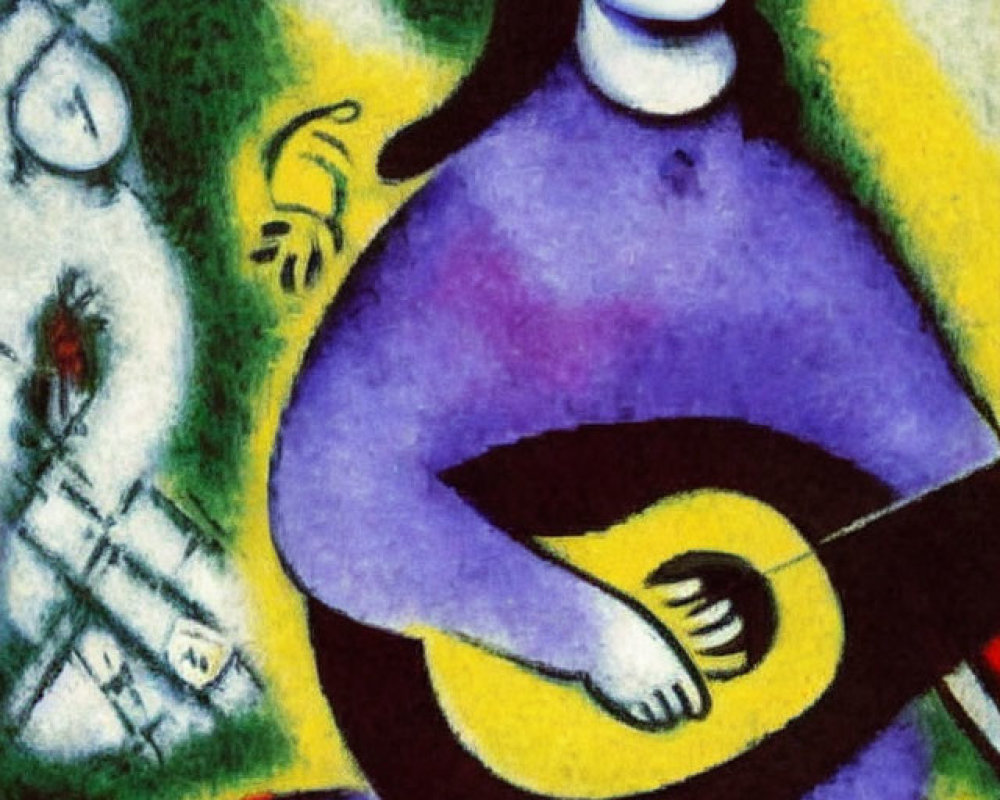 Colorful Abstract Painting of Person with Blue Face Playing Yellow Guitar