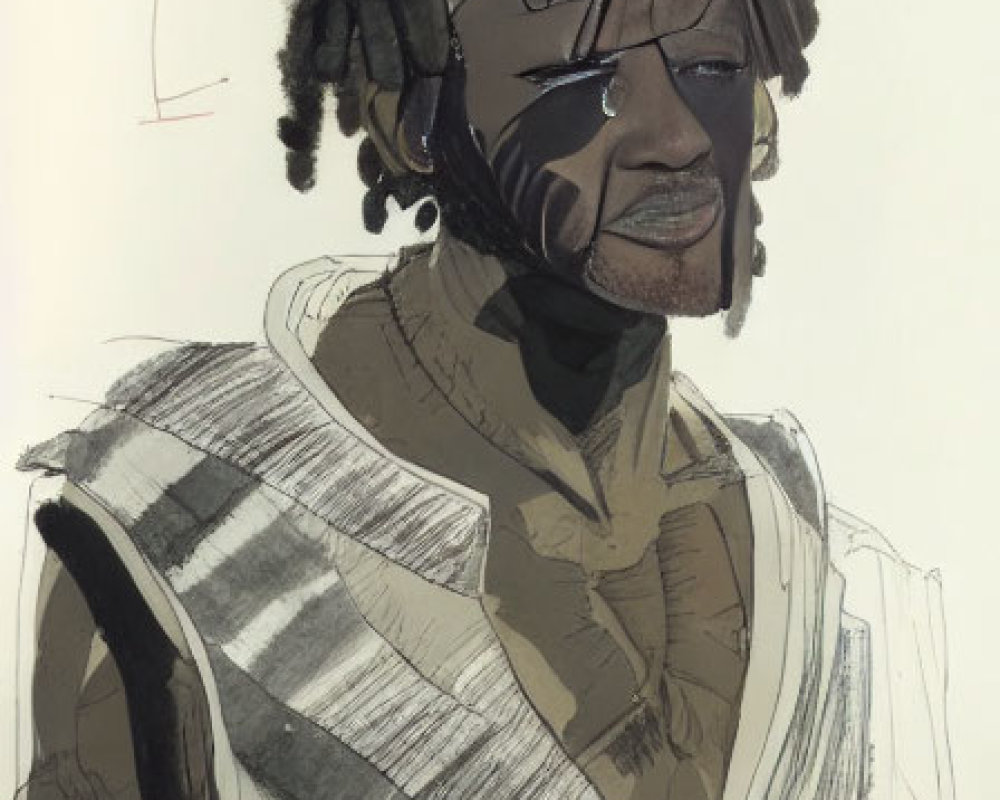 Portrait of a person with dark dreadlocks and facial markings wearing a striped shoulder garment.